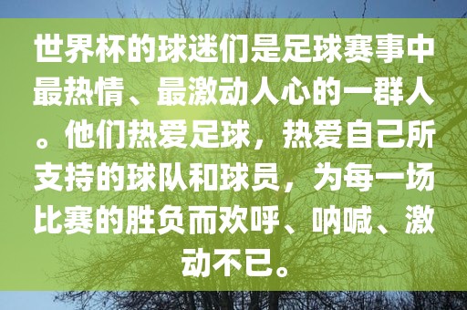 世界杯的球迷们是足球赛事中最热情、最激动人心的一群人。他们热爱足球，热爱自己所支持的球队和球员，为每一场比赛的胜负而欢呼、呐喊、激动不已。