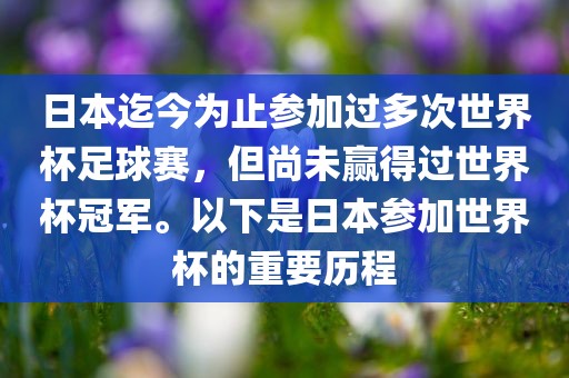 日本迄今为止参加过多次世界杯足球赛，但尚未赢得过世界杯冠军。以下是日本参加世界杯的重要历程