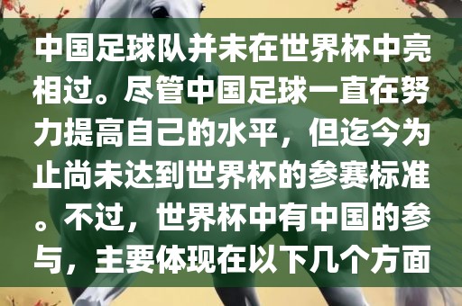 中国足球队并未在世界杯中亮相过。尽管中国足球一直在努力提高自己的水平，但迄今为止尚未达到世界杯的参赛标准。不过，世界杯中有中国的参与，主要体现在以下几个方面