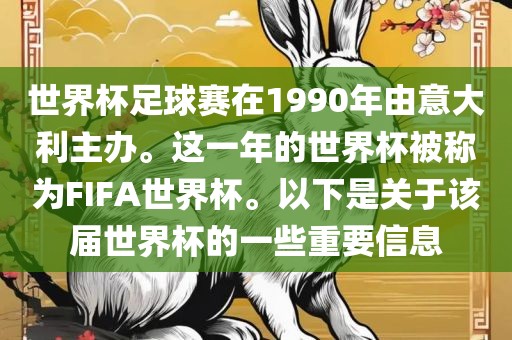 世界杯足球赛在1990年由意大利主办。这一年的世界杯被称为FIFA世界杯。以下是关于该届世界杯的一些重要信息