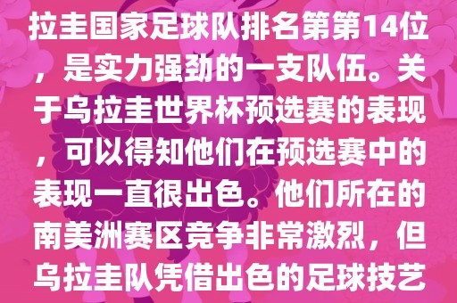 在最新一期FIFA国际排名中，乌拉圭国家足球队排名第第14位，是实力强劲的一支队伍。关于乌拉圭世界杯预选赛的表现，可以得知他们在预选赛中的表现一直很出色。他们所在的南美洲赛区竞争非常激烈，但乌拉圭队凭借出色的足球技艺成功晋级世界杯决赛圈。