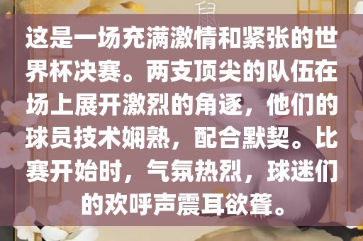 这是一场充满激情和紧张的世界杯决赛。两支顶尖的队伍在场上展开激烈的角逐，他们的球员技术娴熟，配合默契。比赛开始时，气氛热烈，球迷们的欢呼声震耳欲聋。