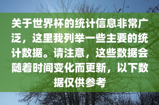 关于世界杯的统计信息非常广泛，这里我列举一些主要的统计数据。请注意，这些数据会随着时间变化而更新，以下数据仅供参考