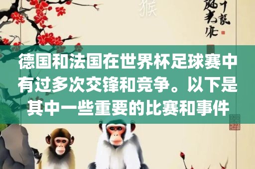 德国和法国在世界杯足球赛中有过多次交锋和竞争。以下是其中一些重要的比赛和事件
