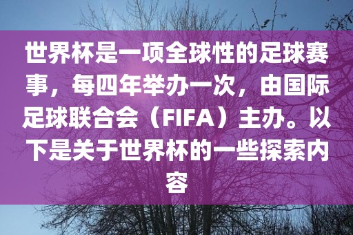 世界杯是一项全球性的足球赛事，每四年举办一次，由国际足球联合会（FIFA）主办。以下是关于世界杯的一些探索内容