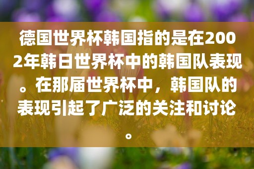德国世界杯韩国指的是在2002年韩日世界杯中的韩国队表现。在那届世界杯中，韩国队的表现引起了广泛的关注和讨论。