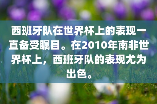 西班牙队在世界杯上的表现一直备受瞩目。在2010年南非世界杯上，西班牙队的表现尤为出色。