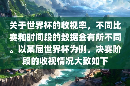 关于世界杯的收视率，不同比赛和时间段的数据会有所不同。以某届世界杯为例，决赛阶段的收视情况大致如下