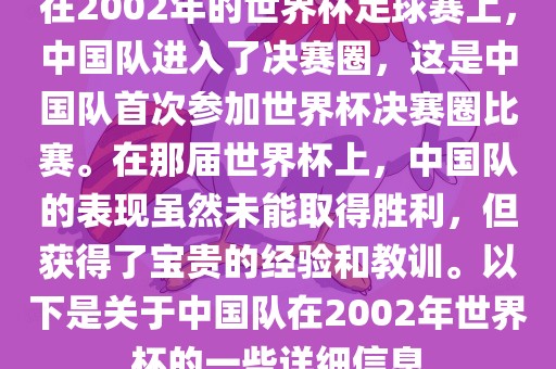 在2002年的世界杯足球赛上，中国队进入了决赛圈，这是中国队首次参加世界杯决赛圈比赛。在那届世界杯上，中国队的表现虽然未能取得胜利，但获得了宝贵的经验和教训。以下是关于中国队在2002年世界杯的一些详细信息广州鸿业环保设备有限公司