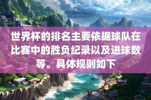世界杯的排名主要依据球队在比赛中的胜负纪录以及进球数等。具体规则如下