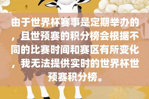 由于世界杯赛事是定期举办的，且世预赛的积分榜会根据不同的比赛时间和赛区有所变化，我无法提供实时的世界杯世预赛积分榜。