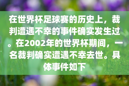 在世界杯足球赛的历史上，裁判遭遇不幸的事件确实发生过。在2002年的世界杯期间，一名裁判确实遭遇不幸去世。具体事件如下