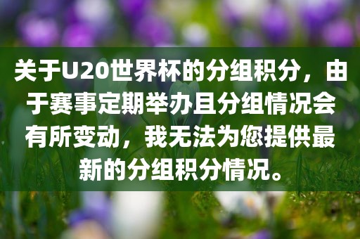 关于U20世界杯的分组积分，由于赛事定期举办且分组情况会有所变动，我无法为您提供最新的分组积分情况。