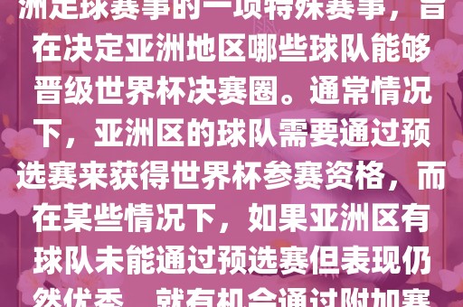 亚洲区世界杯附加赛是针对亚洲足球赛事的一项特殊赛事，旨在决定亚洲地区哪些球队能够晋级世界杯决赛圈。通常情况下，亚洲区的球队需要通过预选赛来获得世界杯参赛资格，而在某些情况下，如果亚洲区有球队未能通过预选赛但表现仍然优秀，就有机会通过附加赛争取额外的参赛名额。