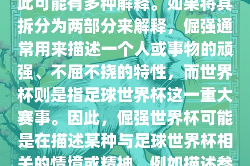 倔强世界杯这个词并不是一个常见的表达或特定的术语，因此可能有多种解释。如果将其拆分为两部分来解释，倔强通常用来描述一个人或事物的顽强、不屈不挠的特性，而世界杯则是指足球世界杯这一重大赛事。因此，倔强世界杯可能是在描述某种与足球世界杯相关的情境或精神，例如描述参赛队伍和球员们的坚韧不拔、顽强拼搏的精神。