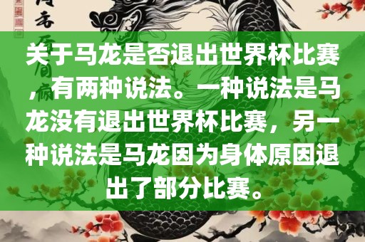 关于马龙是否退出世界杯比赛，有两种说法。一种说法是马龙没有退出世界杯比赛，另一种说法是马龙因为身体原因退出了部分比赛。