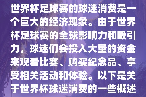 世界杯足球赛的球迷消费是一个巨大的经济现象。由于世界杯足球赛的全球影响力和吸引力，球迷们会投入大量的资金来观看比赛、购买纪念品、享受相关活动和体验。以下是关于世界杯球迷消费的一些概述广州鸿业环保设备有限公司
