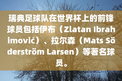 瑞典足球队在世界杯上的前锋球员包括伊布（Zlatan Ibrahimovi?）、拉尔森（Mats S?derstr?m Larsen）等著名球员。