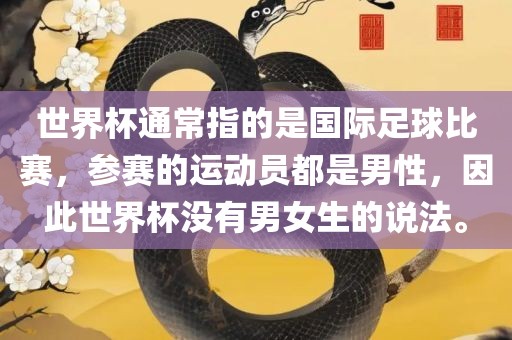 世界杯通常指的是国际足球比赛，参赛的运动员都是男性，因此世界杯没有男女生的说法。